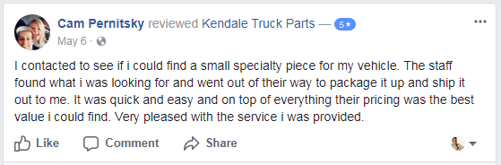 I contacted to see if i could find a small specialty piece for my vehicle. The staff found what i was looking for and went out of their way to package it up and ship it out to me. It was quick and easy and on top of everything their pricing was the best value i could find. Very pleased with the service i was provided.