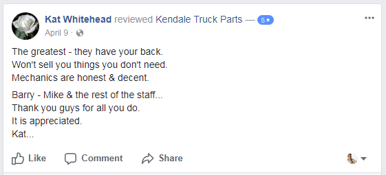 The greatest - they have your back. Won't sell you things you don't need. Mechanics are honest & decent. Barry - Mike & the rest of the staff... Thank you guys for all you do. It is appreciated. Kat...
